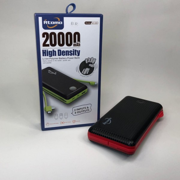 Carregador Portátil Power Bank - 20000mah Atomo - Preto Com Vermelho 